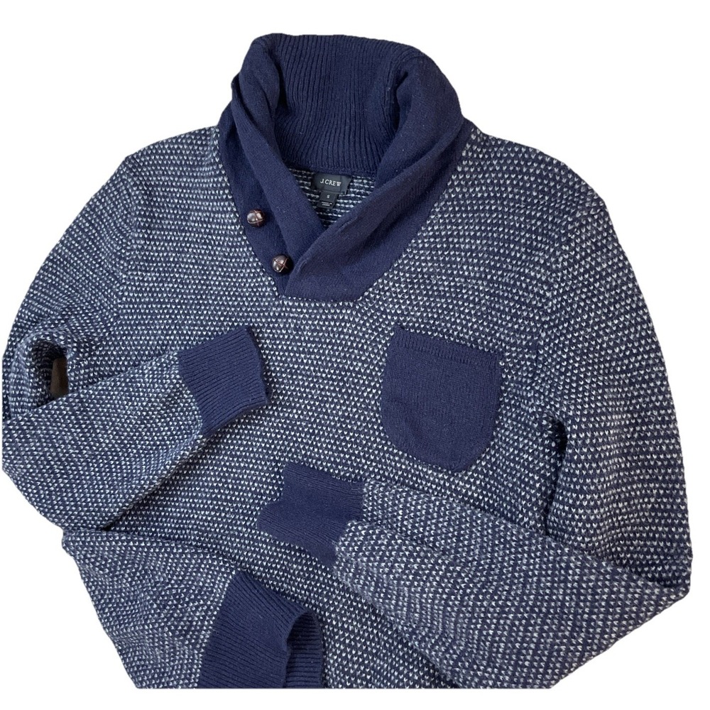 JCrew Shawl Collar Sweater Mens S Blue 100% Lambswool Ribbed Knit Pullover